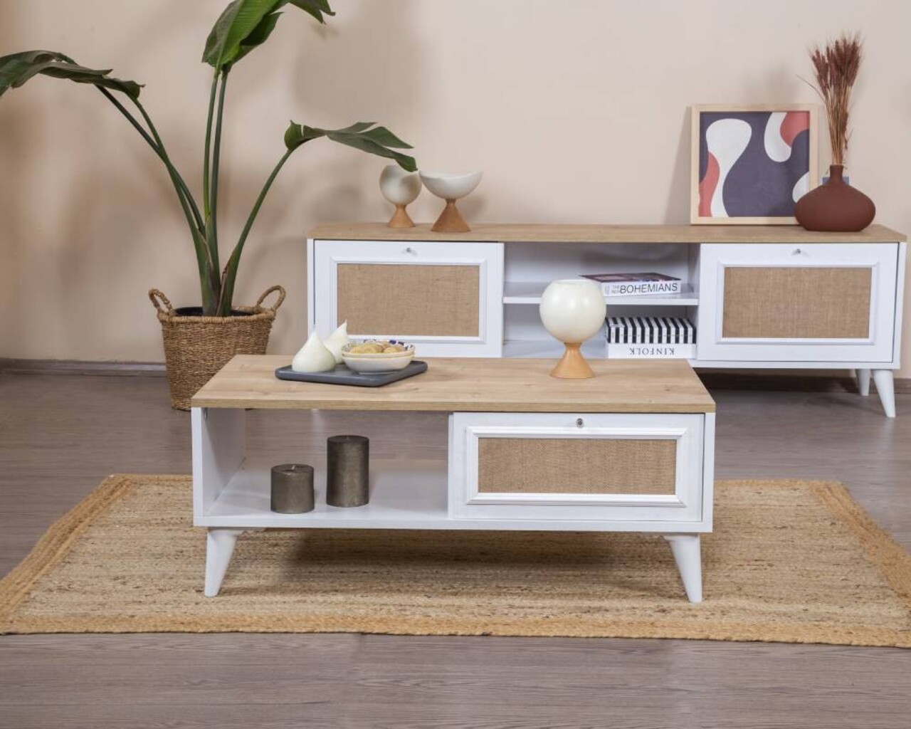 Masuta de cafea, Hanah Home, Mount, 55x100x45 cm, Alb / Stejar - imagine 6